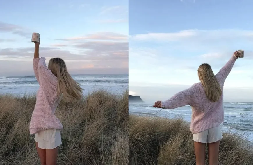 Aesthetic Pink Vacation Outfits at the Beach with Knitted Pink Sweater